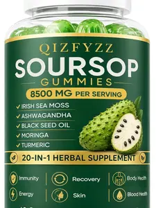 Qizfyzz Soursop Gummies, Herbal Daily Supplement with Soursop Leaf Extract, Sea Moss, Ashwagandha, Black Seed, Moringa & Turmeric, Non-GMO, 60 Gummies (1 Piece)