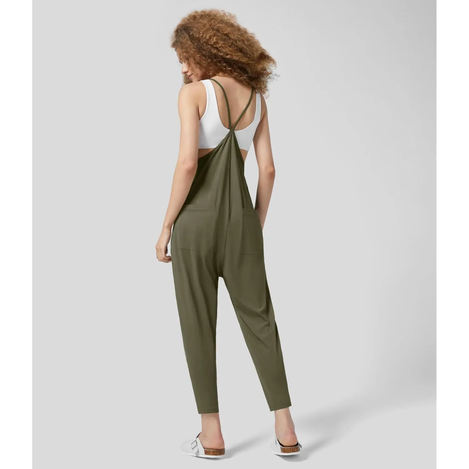 Halara Backless Multiple Pockets Ankle Length Work Tapered Jumpsuit