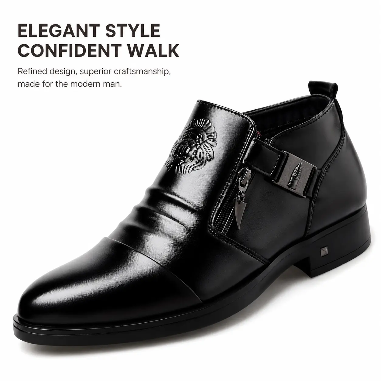 YANXIANSHOES Men's Chic Formal Synthetic Leather Round Toe Ankle Boots - Slip-On Style with Side Zipper, Lightweight Rubber Sole Footwear for Office, Casual
