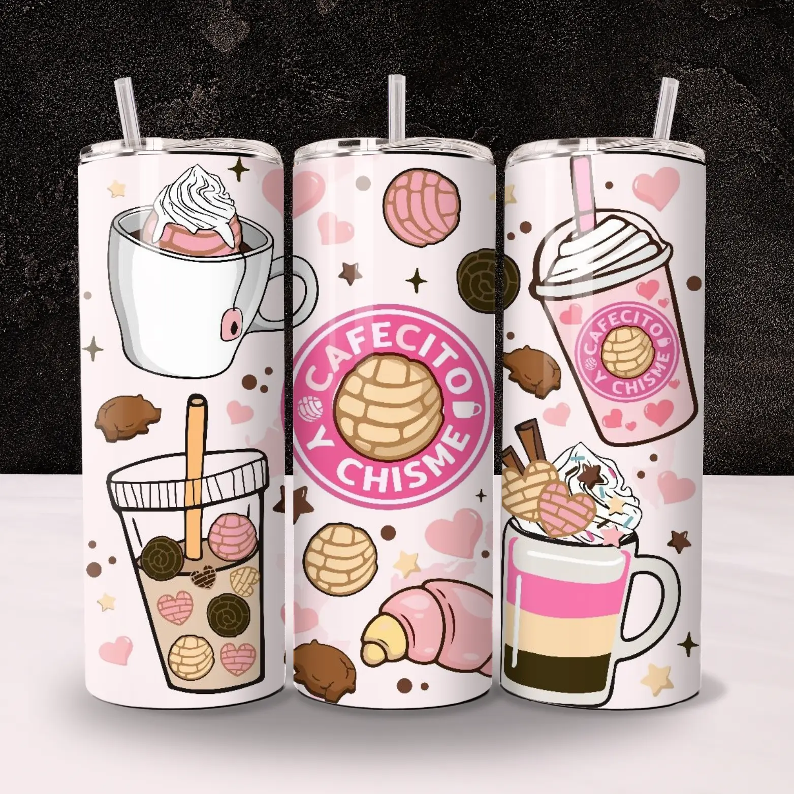 20oz Insulated Skinny Vacuum Tumbler - Cafecito y Chisme, Pink Coffee Conchas Themed Handmade Drinkware with Lid and Straw