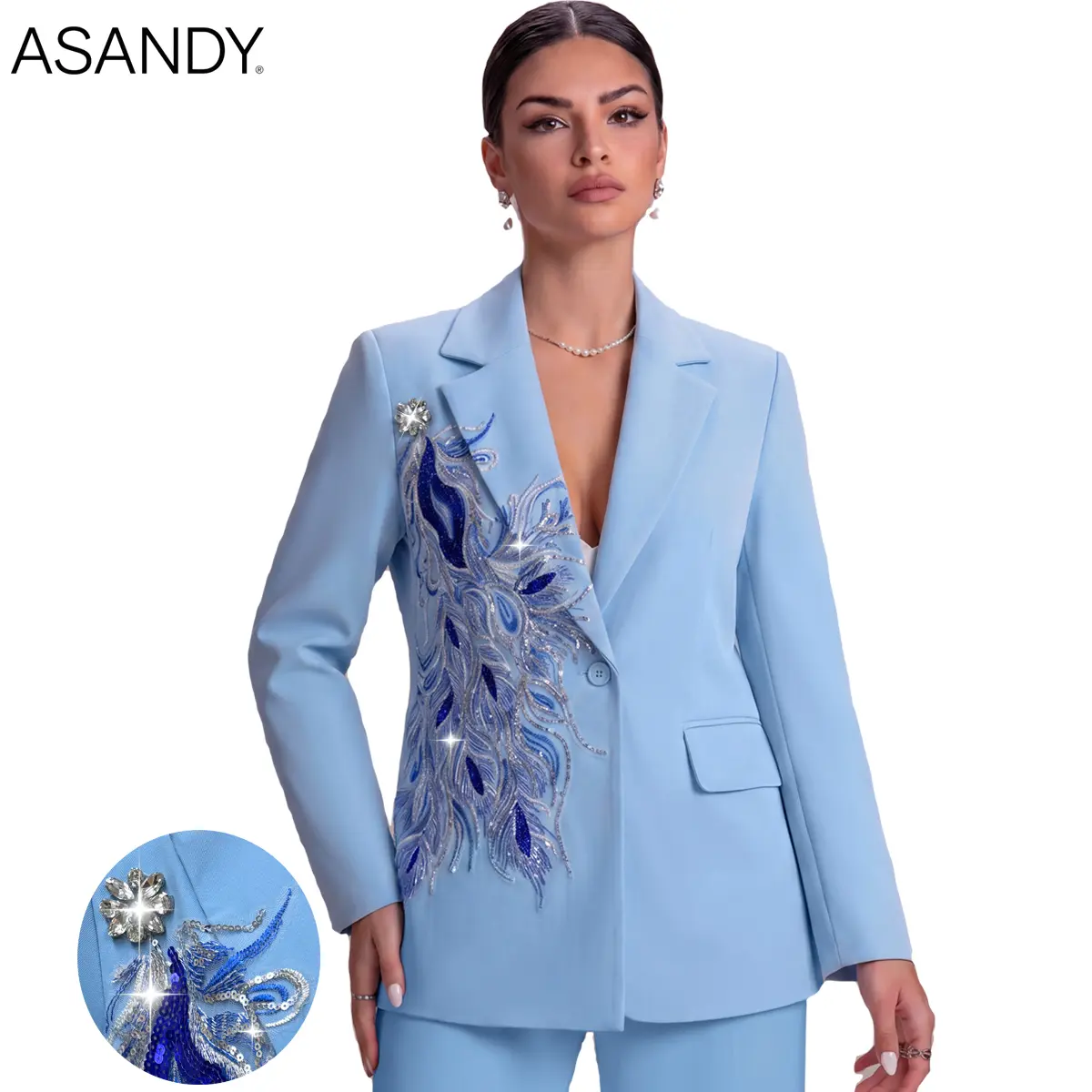 ASANDY Women's Statement Blazer, Light Blue V-Neck Formal Party Jacket with Handcrafted Peacock Feather Embroidery & Rhinestone-Sequin Accents, Button, Ready To Wear, Long Sleeves, Elegant, Lapel, No, Plain