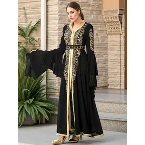 [Elegant Maxi Dress] Elegant Black Chiffon Maxi Dress |   Golden Embroidery, Bell Sleeves, High-Low Hem, Belted Waist, Flowing Design |   For Arabian Parties and Formal Events