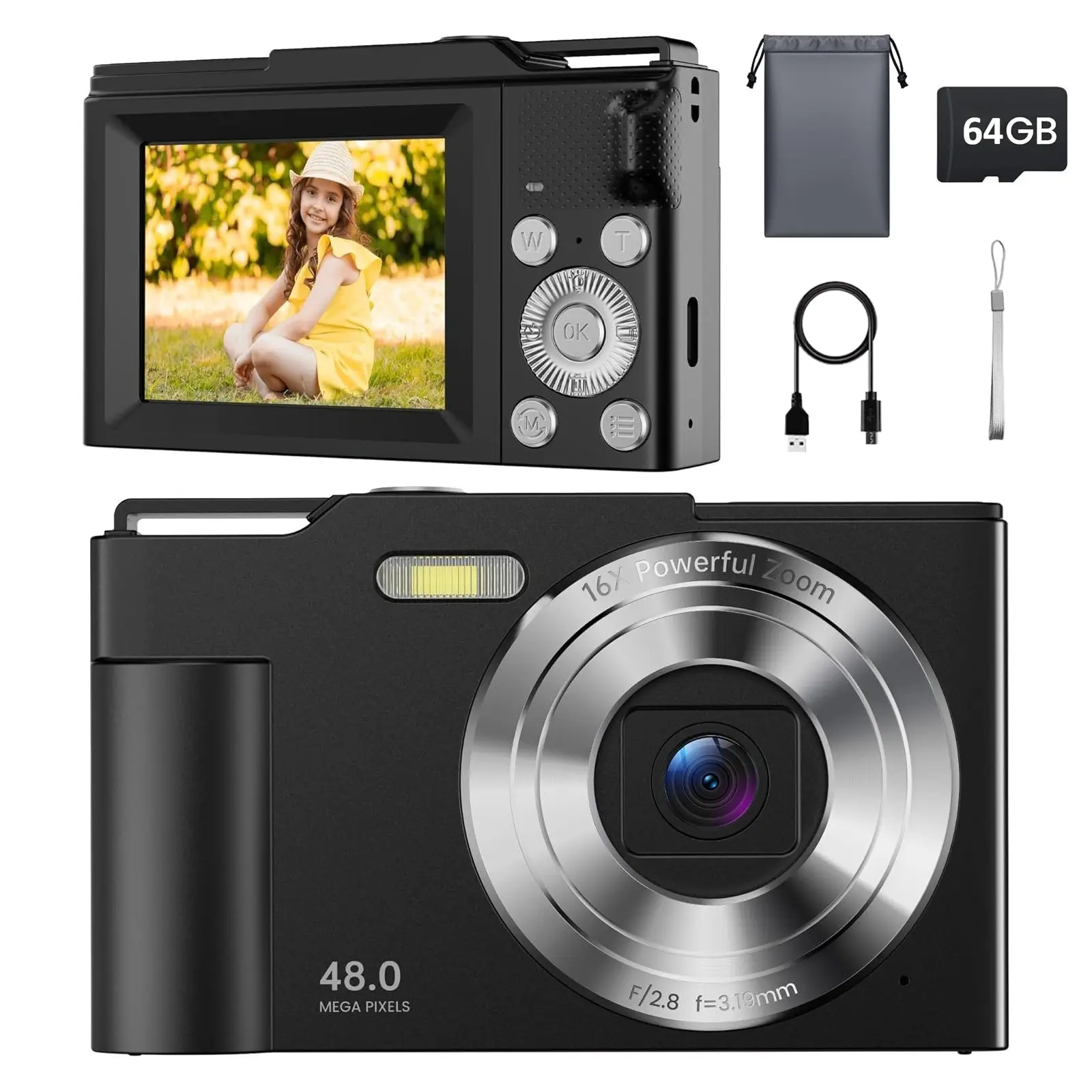 Compact Digital Camera with 16x Zoom & 64GB Card - FHD 1080P Camcorder, LCD Screen, USB Rechargeable 1000mAh Battery,Black - Perfect for Parties\Vlogging\Travel & Adult Novelty Gifts, Compact Camera Sleek Device, Durable Construction