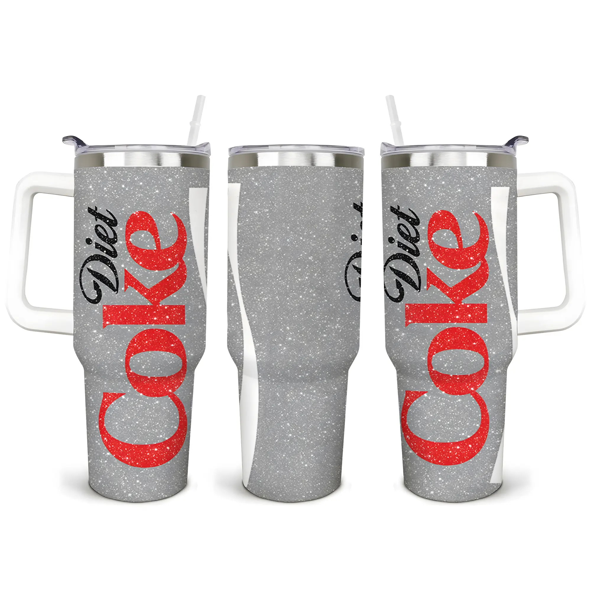Diet Coke Silver Glitter 40oz Tumbler - Insulated Travel Mug with Handle & Straw - Retro Soda Pop Shimmer Stainless Steel Cup - Premium Aesthetic Drinkware