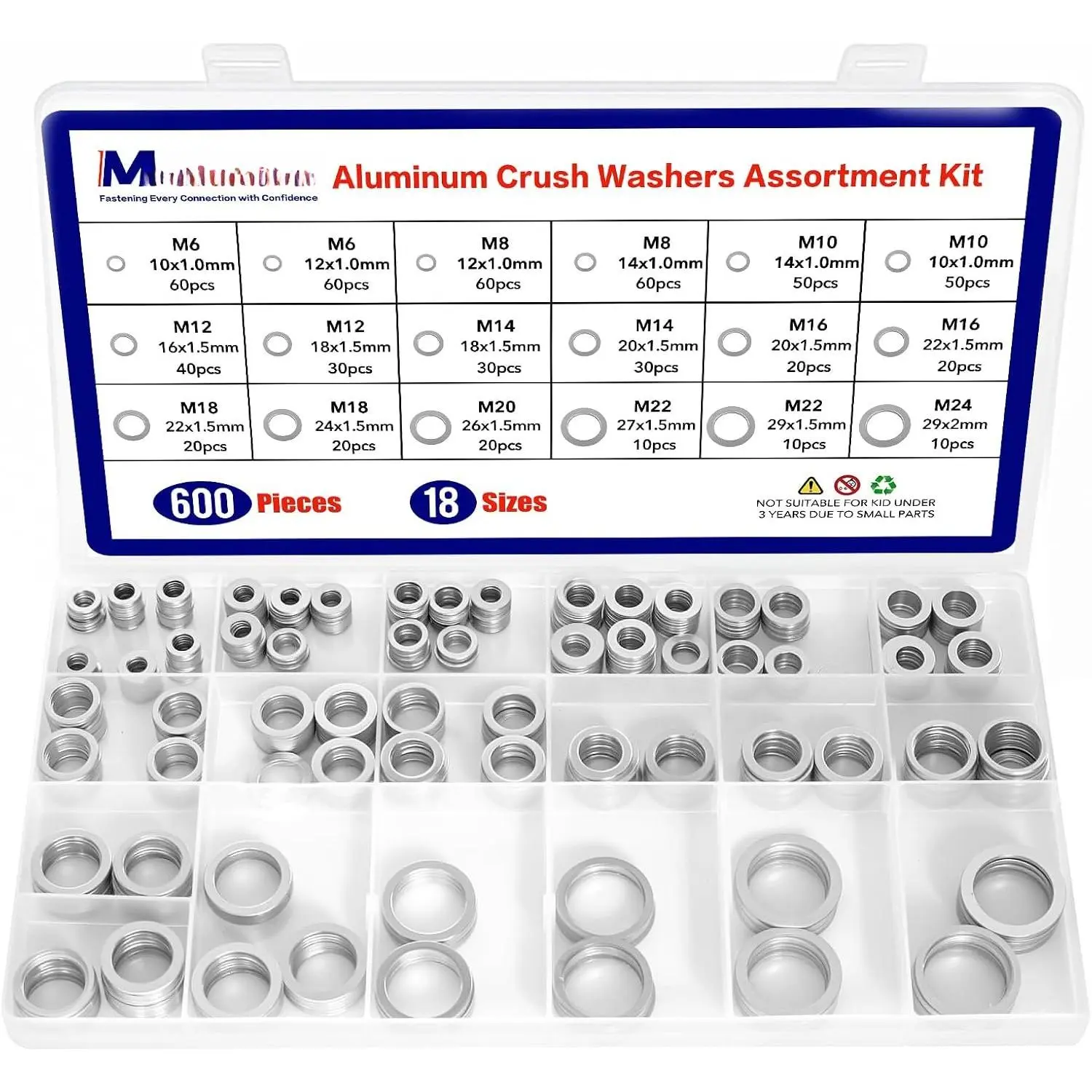 600 count  Crush Washer  Kit - 18 Sizes Oil Drain Plug Gasket , Drain Plug Washer Kit for Automotive Oil Pan Repair (M6 to M24)