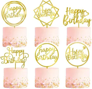 6-Pack Gold Cake Topper Set, Double-Sided Glitter, Acrylic Happy Birthday Cupcake Toppers, Birthday Decorations for Children or Adults.
