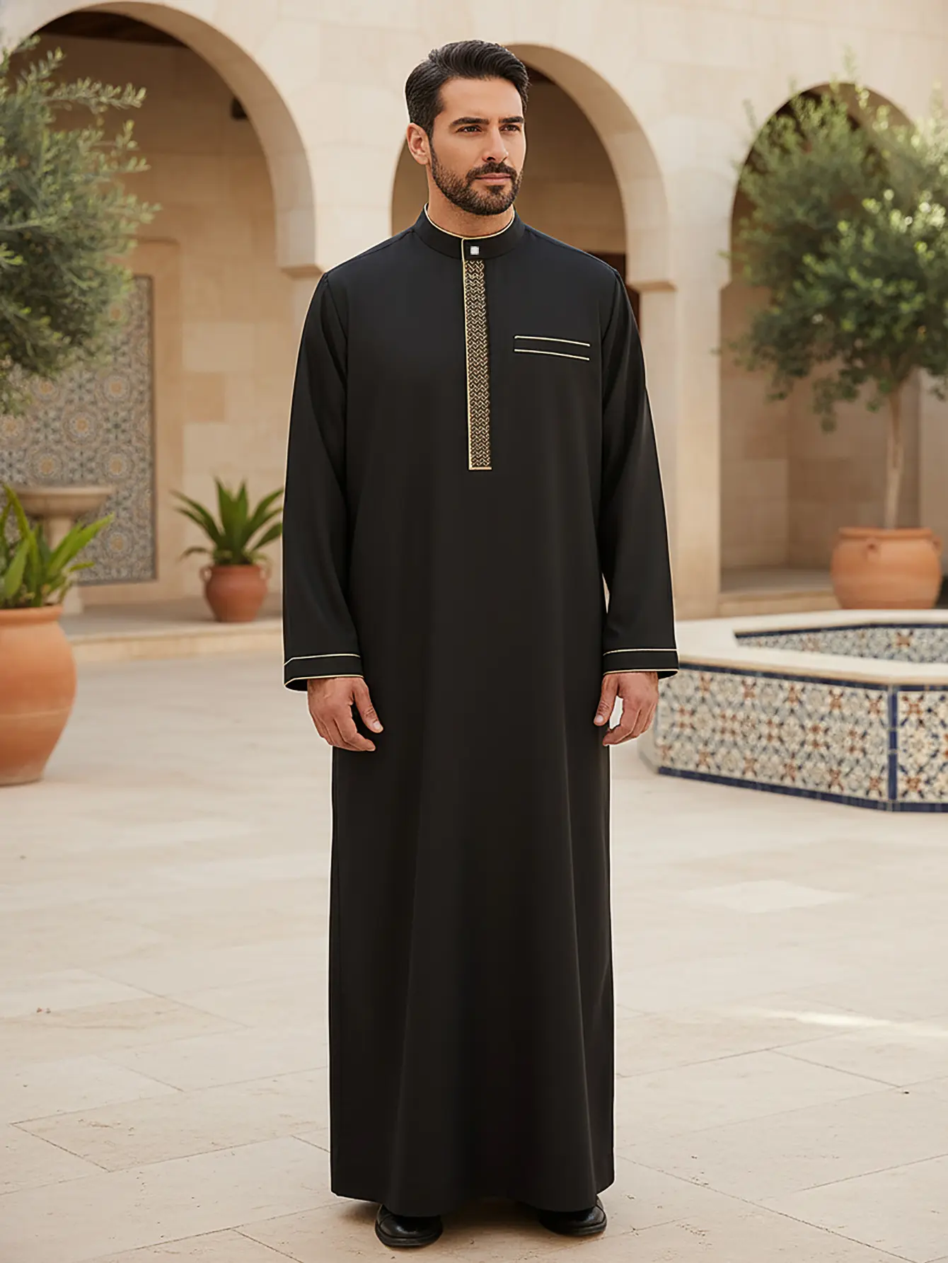 Men’s Black Embroidered Thobe – Traditional Islamic Robe, Arabic Kaftan for Ramadan, Prayer & Everyday Wear