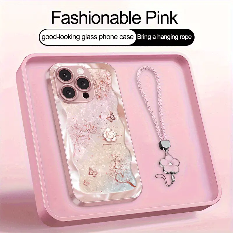Decorative Metallic Paint Rose Pattern Cellphone Case with Lanyard & Tempered Glass Screen Protector - Lightweight Phone Accessories for iPhone 17,16,15,14,13,12,11,XS Max Casing for Girls, Protection