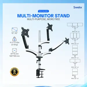 3 MONITORS. ONE STAND. TOTAL IMMERSION. Triple Monitor Arm — Gas Spring Arms, 15-32" Screens, Tilt & Swivel, 17.6lbs per Arm, Cable Management, C-Clamp & Grommet Ergonomic Adjustable Monitor Arm