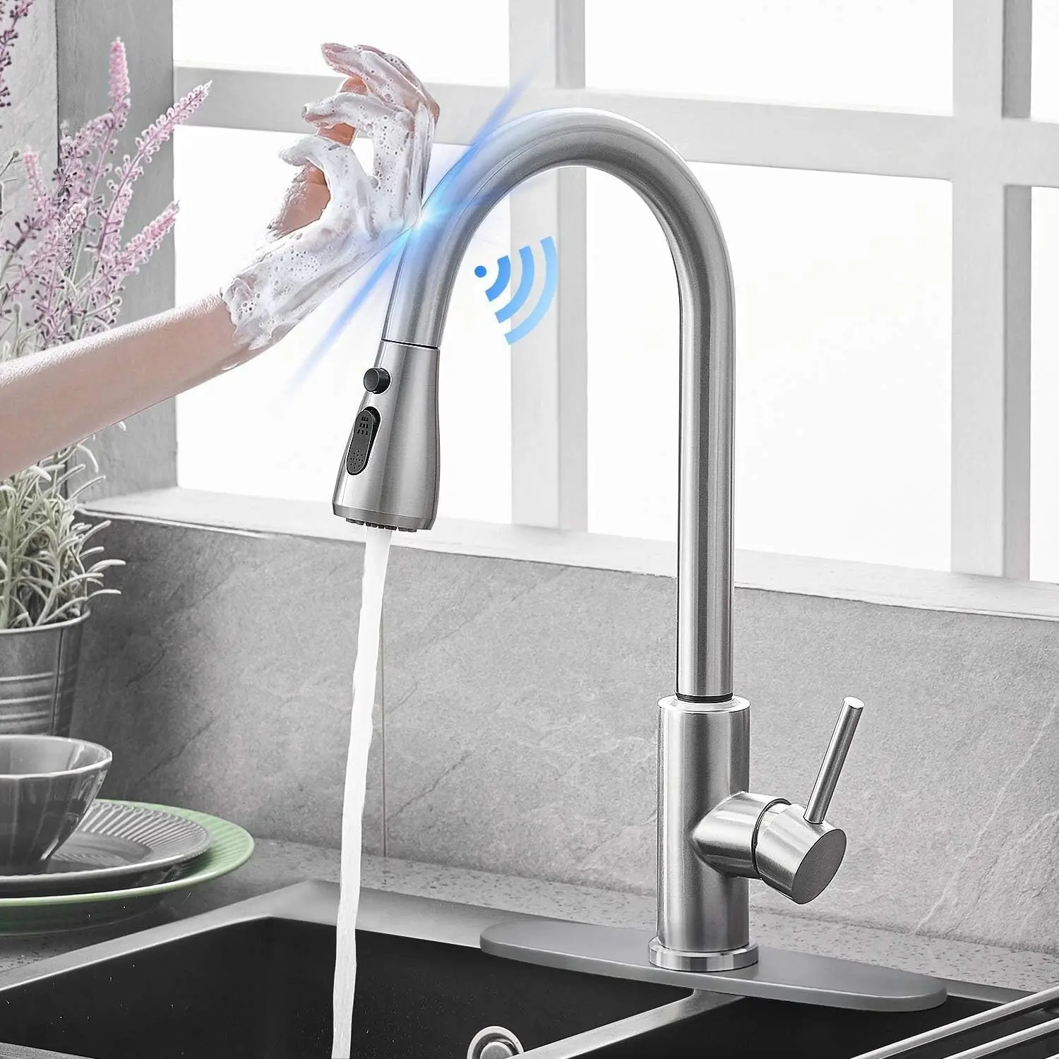 Black-Brushed Nickel Fingerprint-Resistant Stainless Steel Metal Commercial Kitchen Faucet - Outdoor Single-Handle Touch Model with Pull-Down Sprayer, Cover Plate, Pre-Assembled for Campers, Travel Trailers, Bathroom Vanities