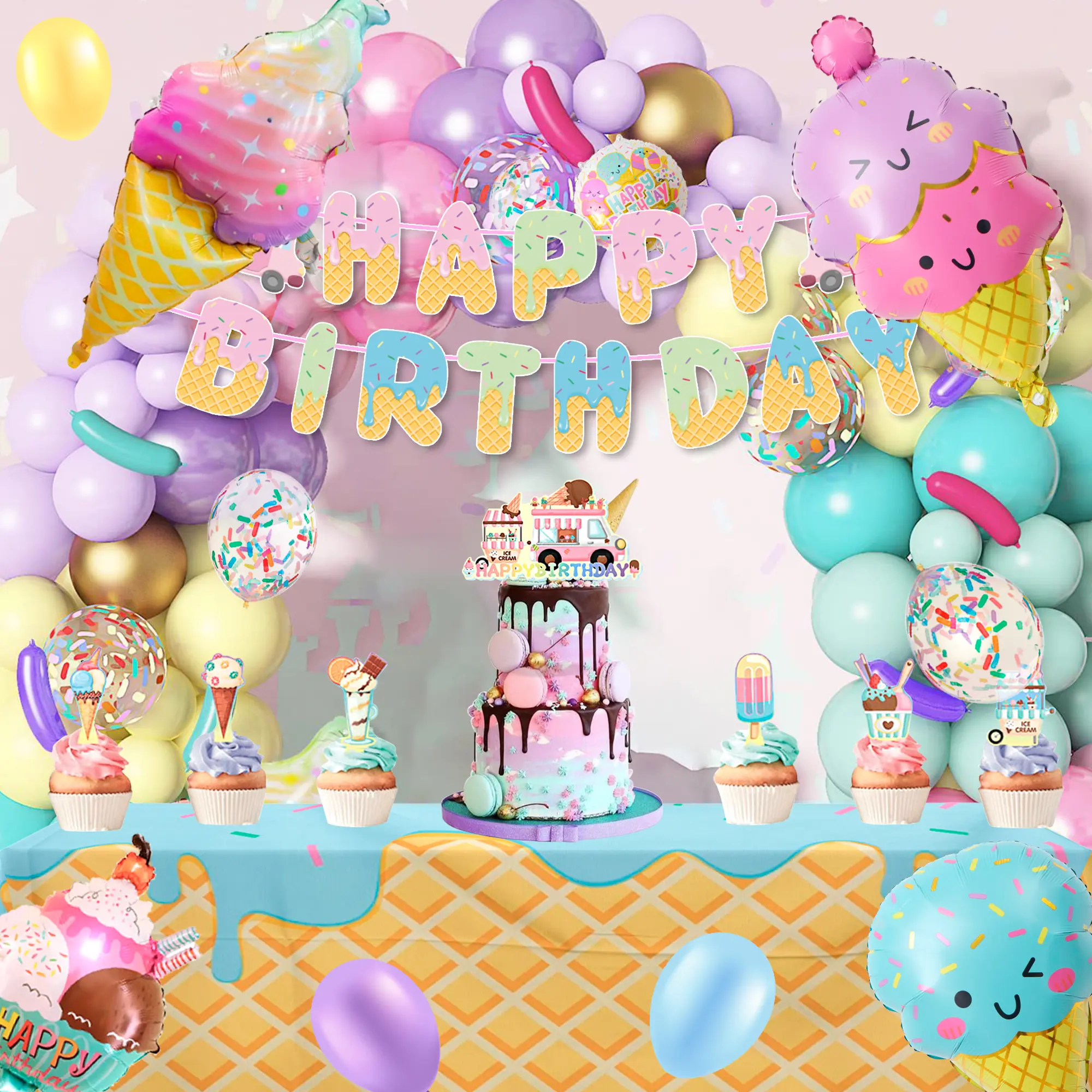 DECEAUTIFY 80pcs Pastel Ice Cream Happy Birthday Party Decorations Kit, Balloons Garland Arch, Tablecloth, Candy Long Strip Balloons, Cake Toppers (Home & Festive Party Supplies)