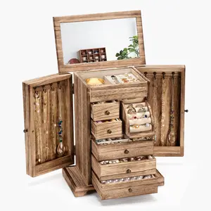 Box for Women, Rustic Wooden  Boxes & Organizers with Mirror & Drawers,6 Layer  Organizer Box for Rings Earrings Necklaces Bracelets (Carbonized Black)
