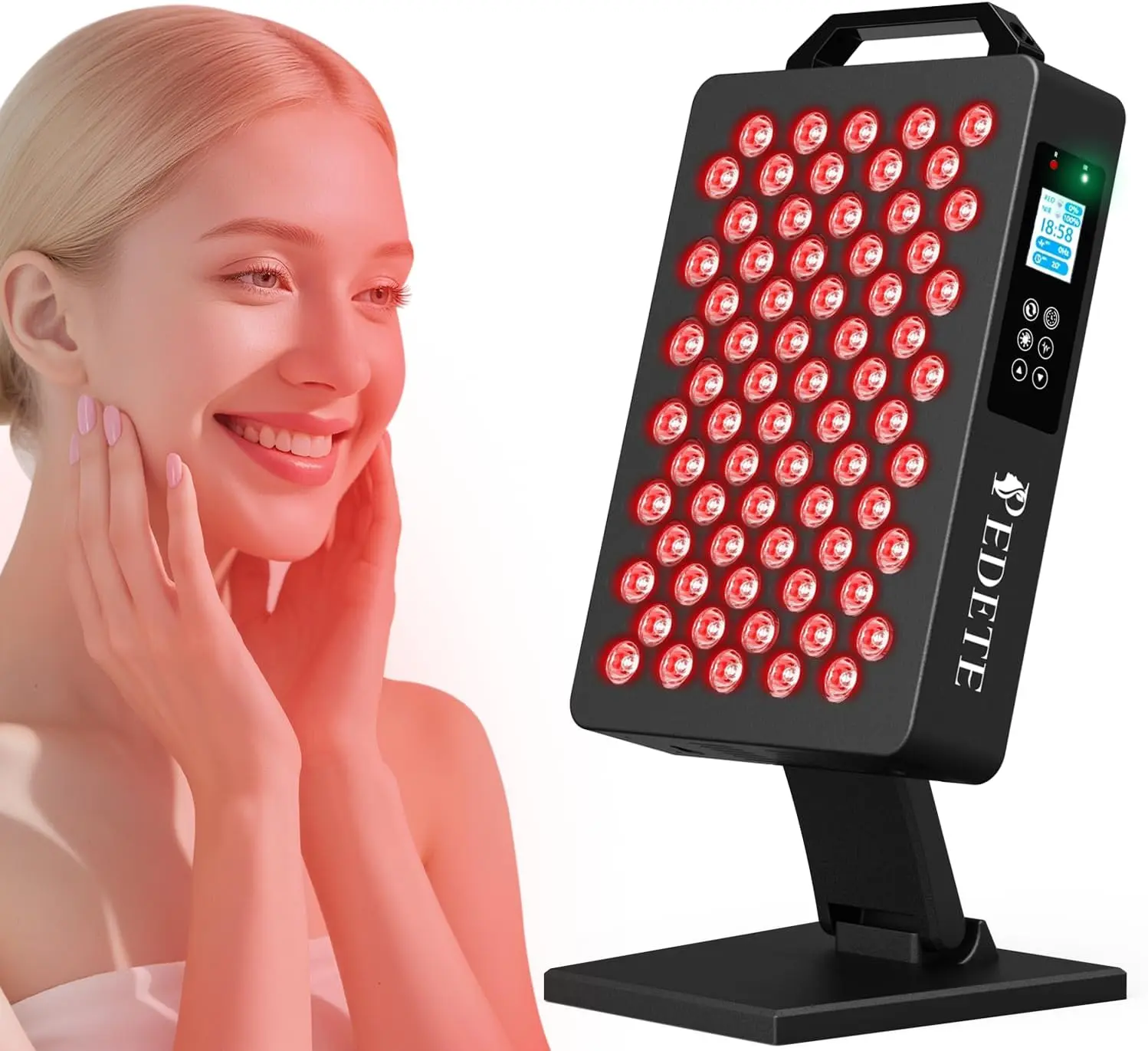 PEDETE Red Light Therapy Panel, featuring >220 mW/cm² irradiance at 0 in, with adjustable timer, brightness, and pulse frequency settings. Ideal for post-surgery recovery, muscle recovery, skincare, sleep support, and improved circulation