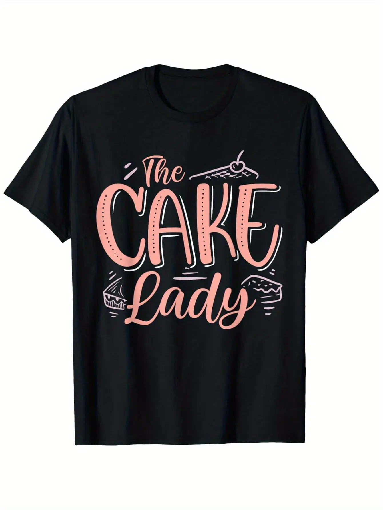 The Cake Lady Baking Birthday Party T-Shirt |   180G Soft Anti-Shrink Tee With Cupcake Decorations, Gift For Bakers And Cake Decorators, Black Casual Attire, Playful Design, Comfortable Fabric, Print Top