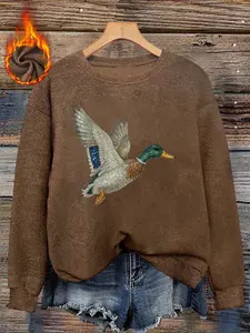 Women's Duck Flying Print Sweater, Long Sleeve Round Neck Fitted Pullover, Soft Elastic Fabric, Casual Fall & Winter Top, Daily Wear, Womenswear