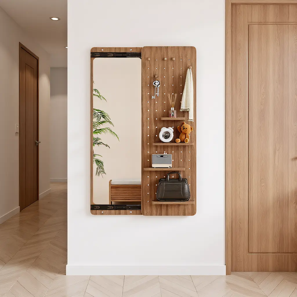 Brown Wooden Wall-Mounted Full-Length Mirror - High-Quality DIY Multi-Functional Furniture with 4-Layer Shelf, 5 Hooks, Safety Features, Movable Design, Space-Saving, Easy Install for Bedroom, Living Room, Decoration, Reflection