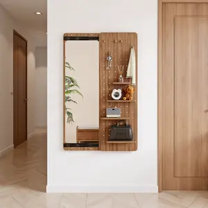 High Quality DIY Wall Mounted Mirror with 4-Layer Shelves & 5 Hooks, Brown Wooden Full-Length Mirror for Bedroom, Living Room, Space-Saving, Easy Install, Multi-Functional Design, Reflection & Storage Decoration