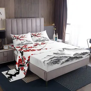 Feelyou Japanese-Style Decorative Bedsheet Set - Red Cherry Print, Mount Fuji Black-White Ink Painting Microfiber Sheet, Soft Breathable Comfy Bed Linen for Adult Women Teens, Decorative Bedsheet Sets