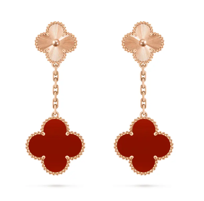 Pre-owned Van Cleef & Arpels Magic Alhambra earrings, 2 motifs, guilloché 18K rose gold, carnelian，complete set