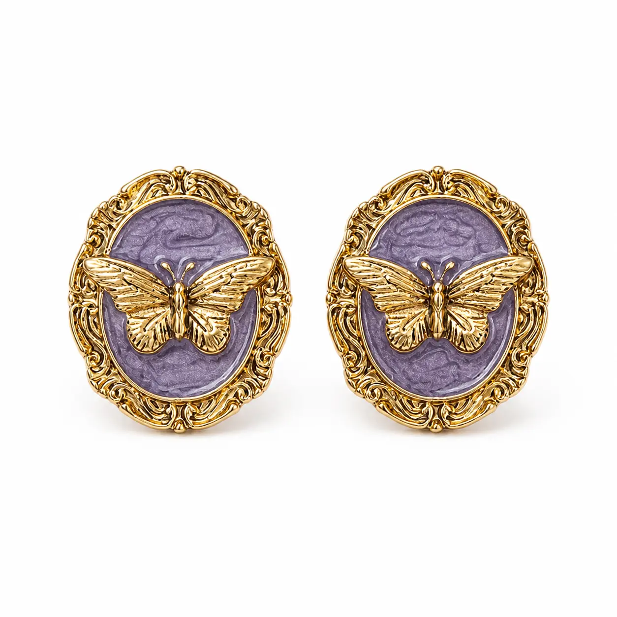Vintage-Inspired Lavender Butterfly Stud Earrings - Oval Gold-Tone Costume Jewelry with Ornate Frame