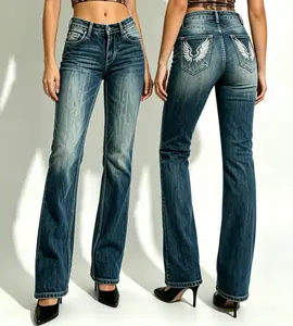 Women's High-Waist Slim-Fit Tummy Tuck Bootcut Jeans - Stretchy Medium-Wash Denim Bottoms, Flared Hem, for Everyday Style-Focused Casual Wear, Womenswear