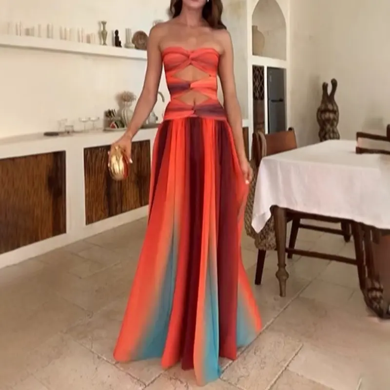 Women Summer Long Bandeau Dress Sleeveless Off Shoulder Front Cutout Rainbow Tube Top Dress