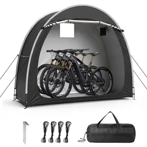 【Summervibes】Black Arc Shape Outdoor Storage Shed, Double Doors Front & Right Side with Storage Bags, Fiberglass Pole Frame 210D PU Silver Coated Oxford Cloth Bike Storage Tent with Carry Bag