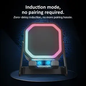 Wireless Induction Speaker Stand - 5-in-1 Phone & Tablet Holder, 1500mAh Built-in Battery, 360° Adjustable, Colorful Ambient Lighting, Upgraded Dual Induction Channels for All iPhone Series