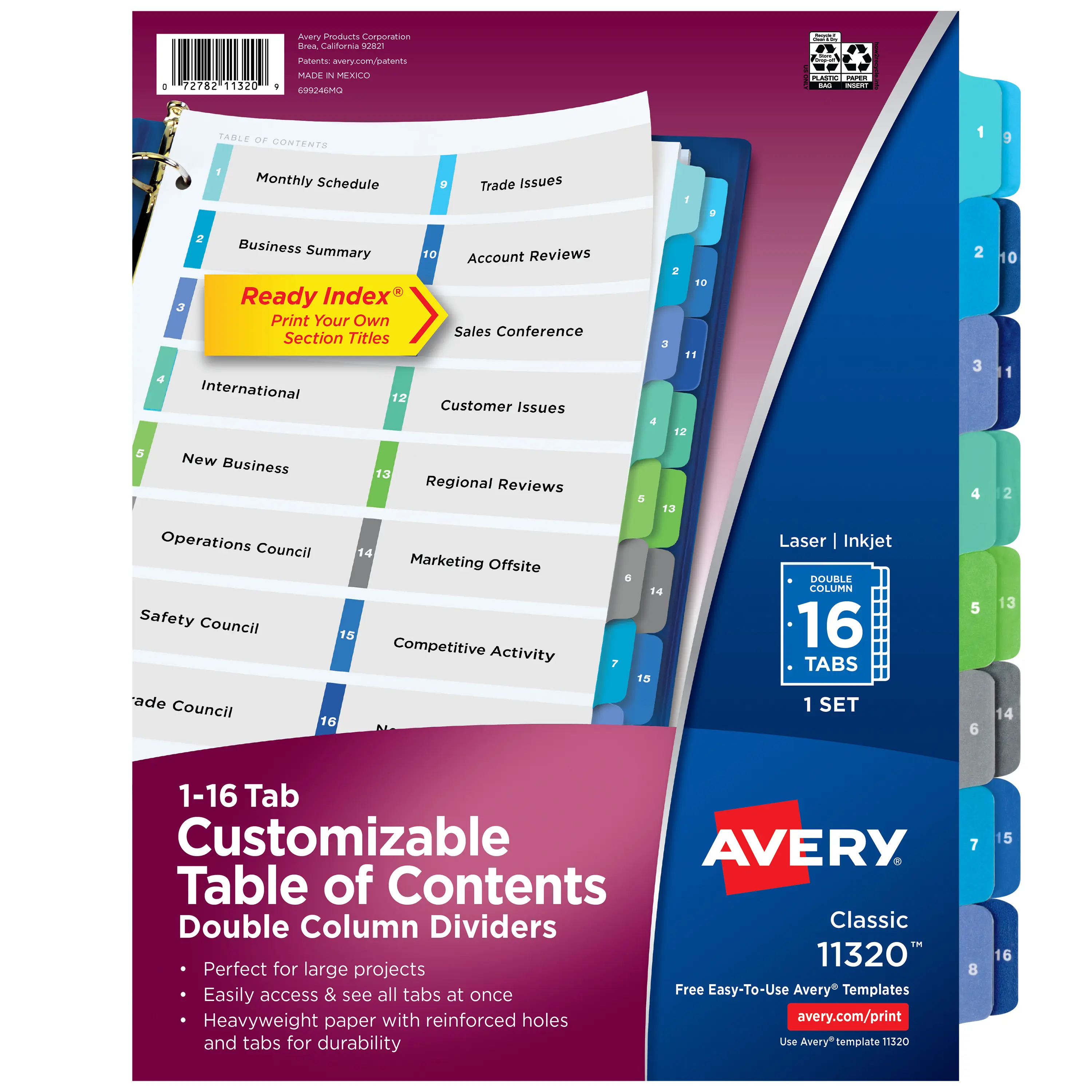Avery Color-Coded Binder Dividers with Tabs for 3-Ring Binders, Office Accessories, 16-Tab Set, Double Column Design, Customizable Table of Contents (11320)