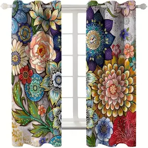 2 pieces of Bohemian floral curtains with Bohemian colorful floral patterns, with eyelets for top window decoration, suitable for home, bedroom, living room, kitchen home decoration