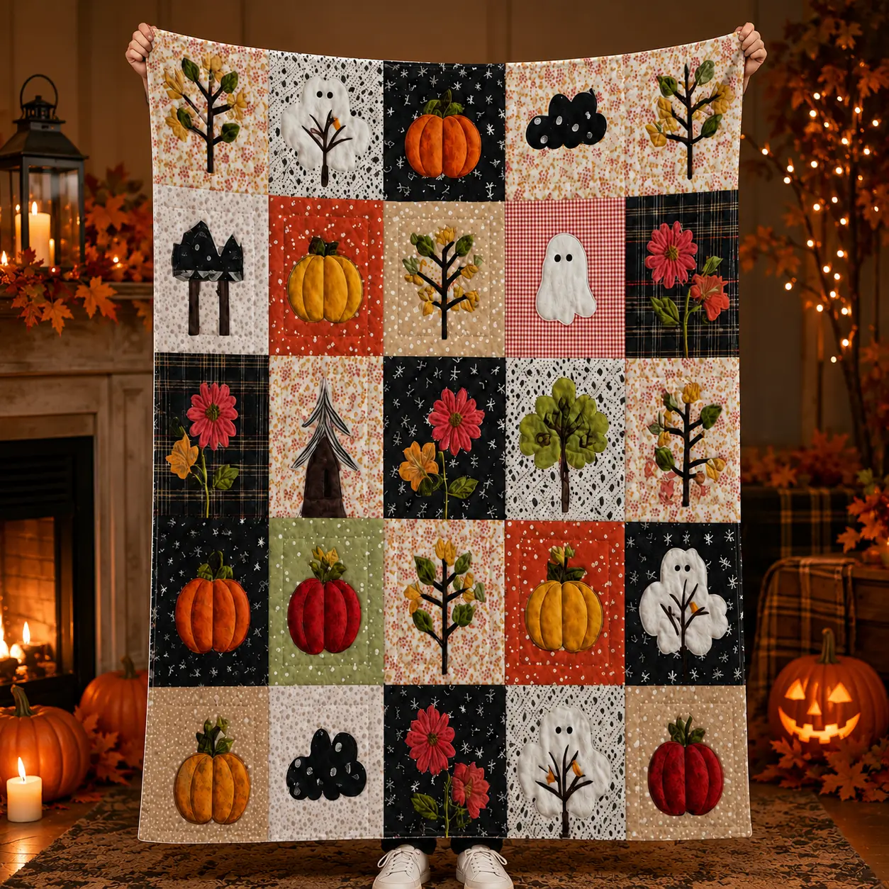 Ghost Pumpkin Floral Tree Throw Blanket, Soft Flannel Fleece One-Piece Printed Grid Design with Cottagecore Autumn Art for Harvest Bedrooms and Halloween Lounges, Cozy Sofa Bed Accent for Couch Naps, Birthday Holiday Gift for Fall Home Decor Fans