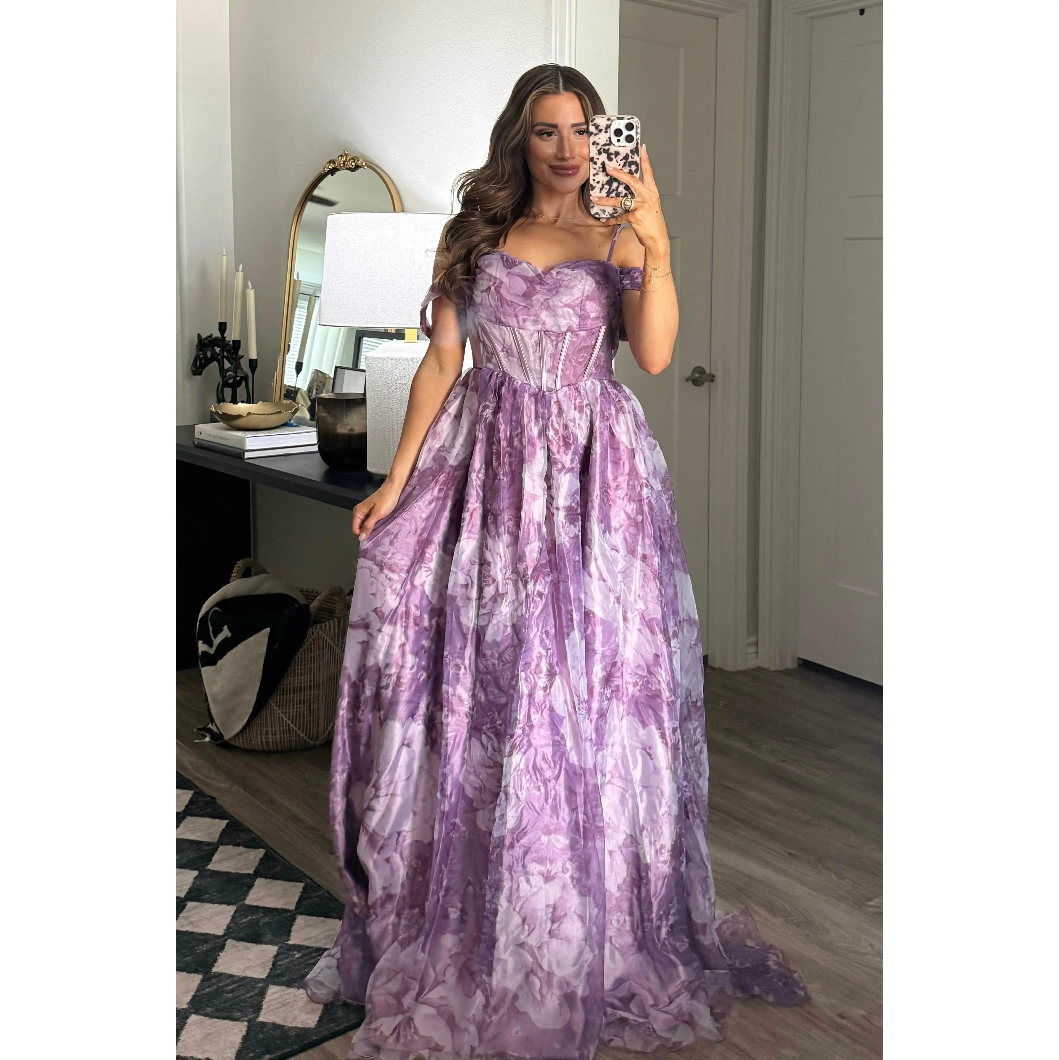 Garden Wedding Organza Off Shoulder Floral Maxi Dress: Dusty Lavender