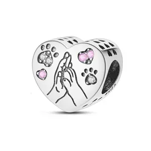 MULA S925 Silver Plated Heart Pendant with Paw Print and Holding Hands Design - Matches with Pandora Bracelet, Perfect Gift for Pet Lovers, Girls, Women on Valentine's Day