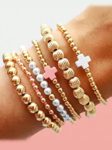 6pcs Golden Beaded Bracelets for Women, Non-Tarnish Jewelry Set, Stackable Paperclip & Cross Design, Perfect Gift Idea, Elegant Jewelry Bracelet, Fashion Bracelets, Trendy Stack Bangle