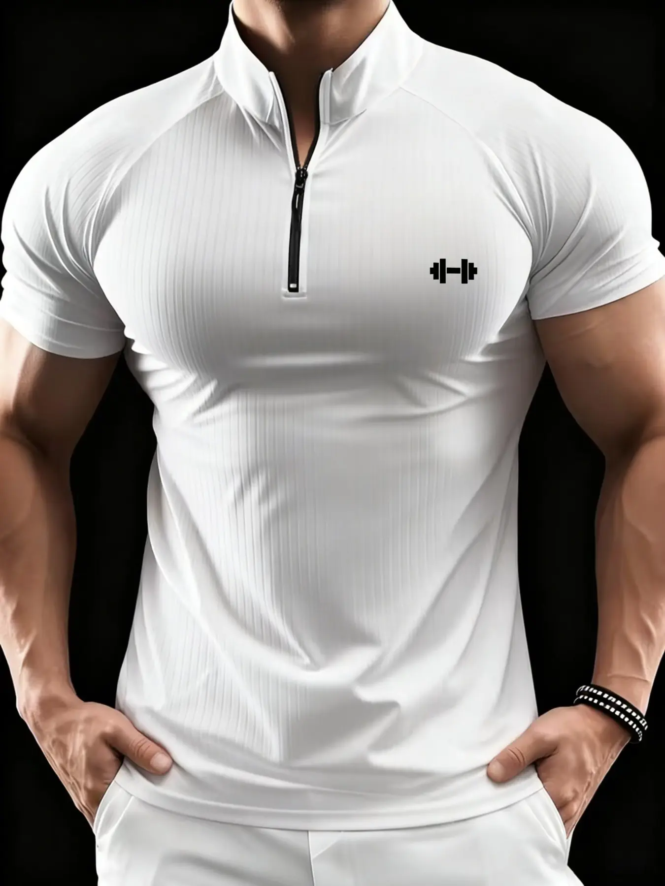 Men's European Style Stand Collar Half Zipper Sports T-Shirt, Print Design, High Elasticity Quick-Dry Breathable Fabric, Ideal for Gym Training, Gym Tees, Dry Fit Activewear, Athletic Top, Dry Fit Shirts, Active Tops, Athletic Apparel