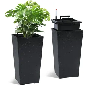 Tall Planters Set of 2, Large Indoor Outdoor High Front Porch Planter Pots with Inner Bucket, Drainage Holes & Water Level Monitor, Modern Flower Pots for Patio, Balcony, Automatic Watering