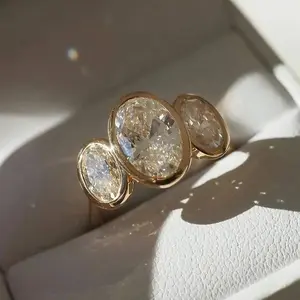 Oval Cut Diamond Art Deco Delicate Three Stone Bezel Set Statement Wedding Bridal Engagement Ring For Women 14K Yellow Gold Plated  Handmade Unique Christmas Ring