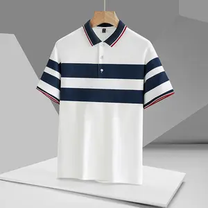 Men's White/Navy Striped Short Sleeve Polo Shirt with Contrast Collar and Cuff Details Casual Versatile T-Shirt for Daily and Work Wear