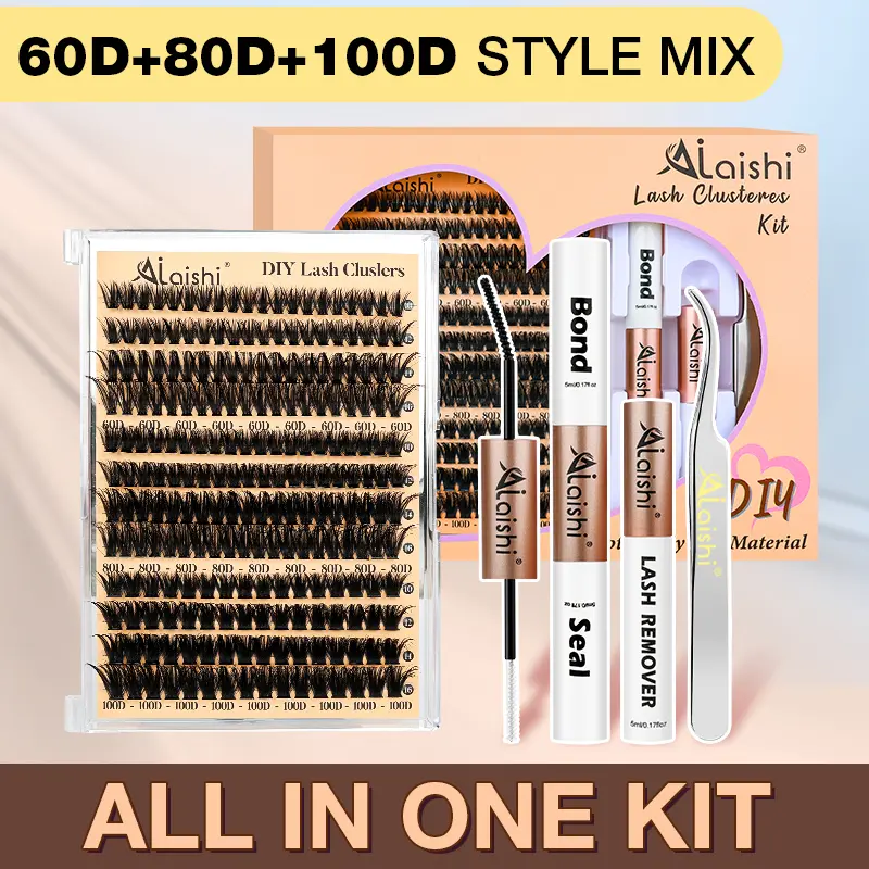Ailaishi Multi-Type Mixed Lash Clusters Kit — 60D—200D DIY Volume Cluster Lashes for Bold Dramatic Look, Mixed Styles, Includes Lash Bond & Seal, Remover and Tweezers, Long Lasting Mega Volume Eyelash Extension Set Makeup DealsForYouDays