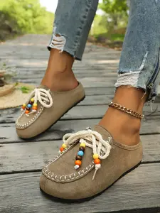 Women's Bohemian Flat Shoes, Colorful Fringe Beaded Lace-Up Loafers, Ethnic Style Casual Footwear, Comfortable and Stylish