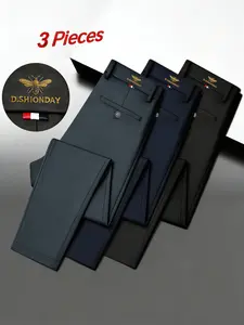 Men's New Loose Straight Leg Elastic Solid Color Formal Pants, Bee Decoration, Anti-Wrinkle Comfortable Business Casual Long Trousers