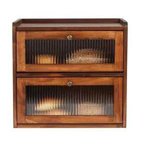 Bread Box for Kitchen Countertop Wooden Bread Storage Container Bin 2 Layer Breadbox Holder Large Capacity Keeper Vintage Farmhouse Food Organizer Pantry Shelf Acrylic Window (Brown)