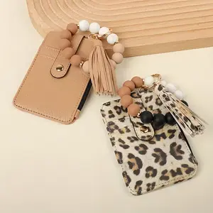 Cute Slim Credit Card Wallet With Bohemian Style Bead Wrist Keychain,Floral Pattern Short Card Bag Design Zipper Pocket,Portable Mini keychain wallet Coin Purse,Gift For Mothers And Friends, A Holiday Gift