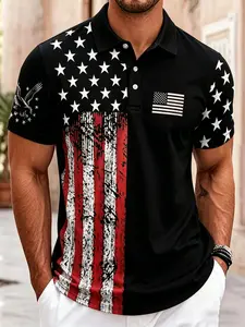 Men's Casual Short Sleeve American Flag Pattern Printed Polo Top, Polyester Fabric, Lightweight Breathable, Fitted, All Seasons Wear, Print Polo Shirt