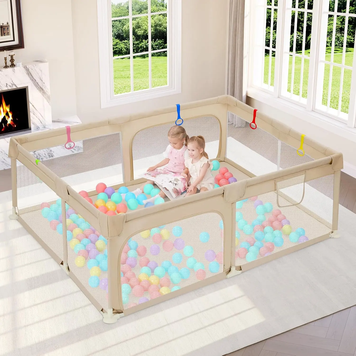 Large Baby Playpen 71*47 Inch, Big Play Pens  Babies and Toddlers- Indoor & Outdoor Kids Safe Play Area, Soft Breathable Visible Mesh, Anti-Fall & Anti-Slip Design Baby Fence, Khaki