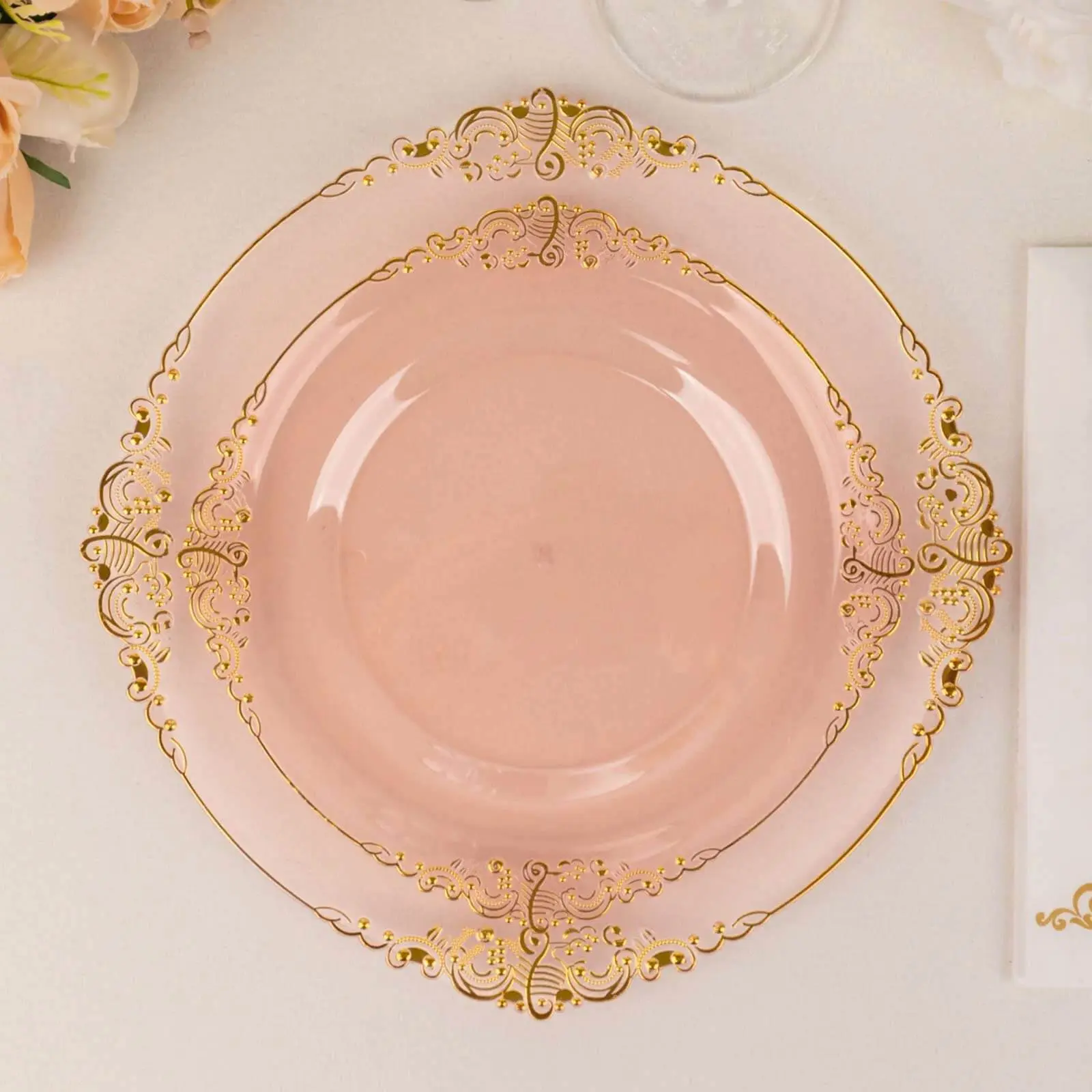 10-Pack 8" Transparent Blush Pink Plastic Round Plates - Vintage Baroque Style, Gold Leaf Embossed Rim, Elegant Fancy Disposable Party Plates for Weddings, Dessert & Salad Use, Elegant Plastic Plates