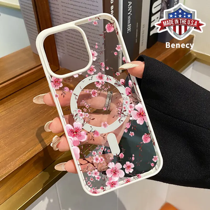Blossoming Cherry Dreams Pattern Magnetic Smartphone Casing - Wireless Charging Support, Shockproof, Non-Slip, Silicone Transparent Acrylic Cover for iPhone 11 12 13 14 15 16 Pro Max, XR, XS Plus, E - Handheld Devices Accessories