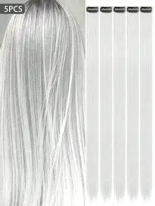 5PCS White Clip-In Hair Extensions – 20 Inch Straight Synthetic Hairpieces for Women, Ideal for Halloween, New Year & Special Events