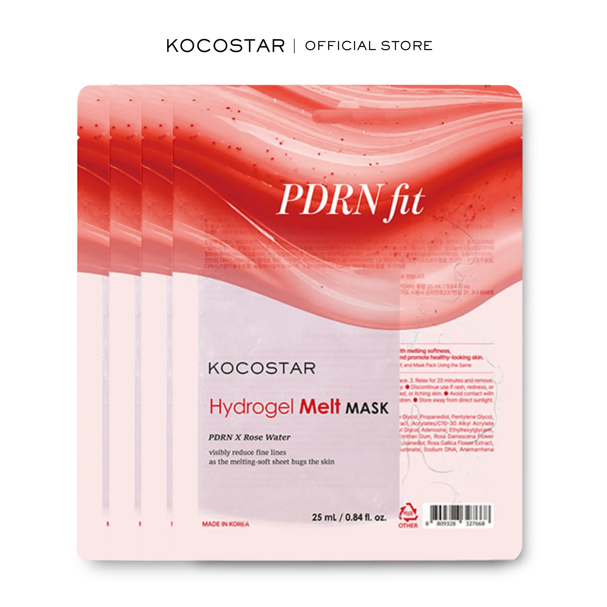 [Kocostar] PDRN Fit Hydrogel Melt Mask | Patented Eucalyptus Lyocell Mask | Formulated with PDRN and Rose Water | Firming Care | Hypoallergenic (4 pack)