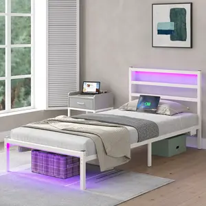Twin /Full Size Bed Frame with Headboard, Metal Platform Bed Frame with LED, Charging Station, No Box Spring Needed, Easy Assembly, Noise Free